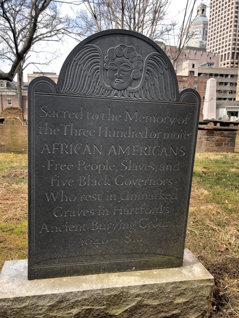 Modern-day headstone, in Puritan style, for the three hundred African Americans buried in the churchyard