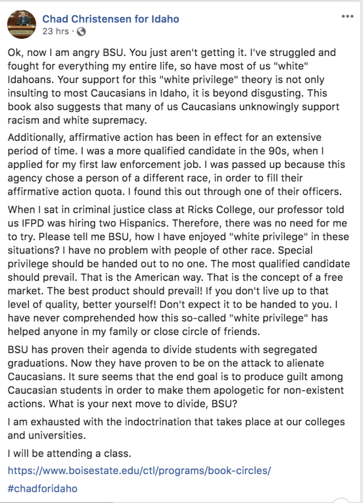 Screen shot of Chad Christensen's Facebook post, which is linked to later on this page