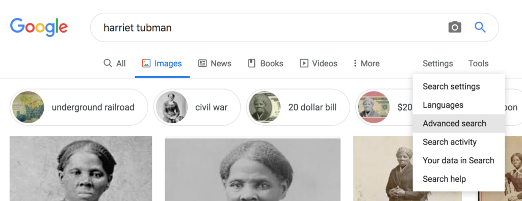 Google image search results page with Settings drop-down menu highlighting "Advanced search."