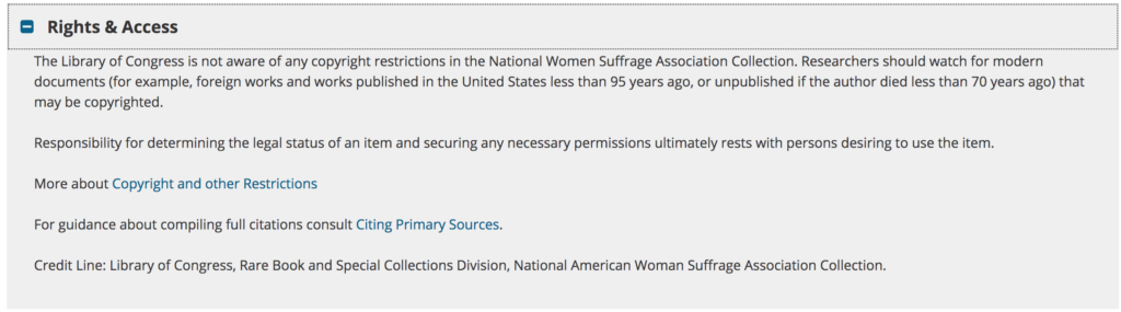 Rights and access info from a photo of Harriet Tubman. The text begins "The Library of Congress is not aware of any copyright restrictions. . ." and then reminds researchers that determining copyright is the researchers' responsibility.