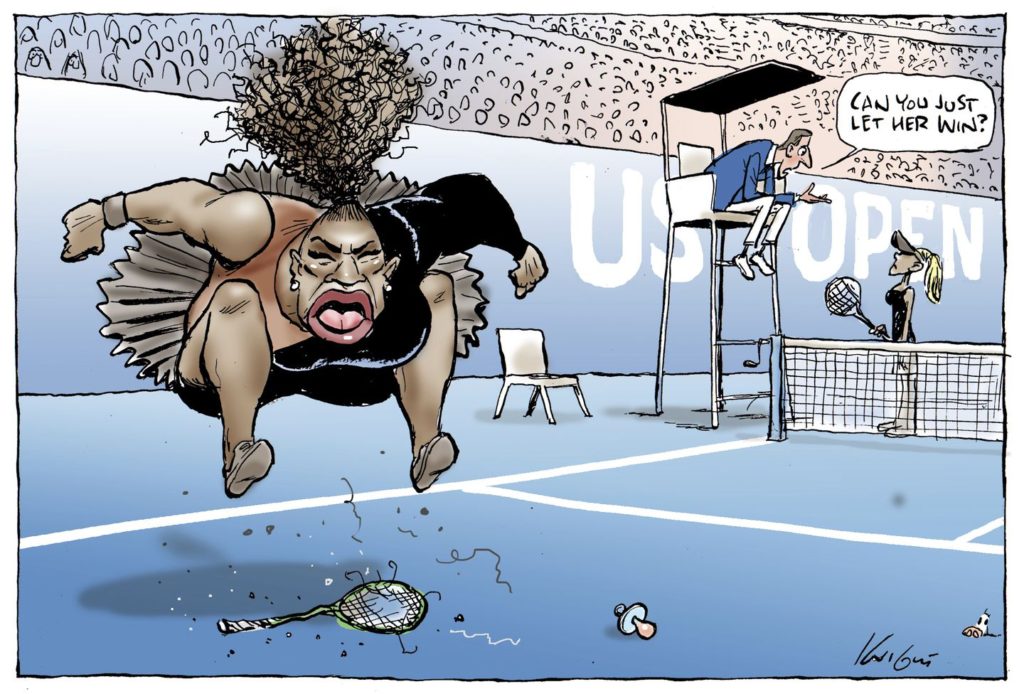 Unflattering cartoon by Mark Knight of Serena Williams stomping on her tennis racket
