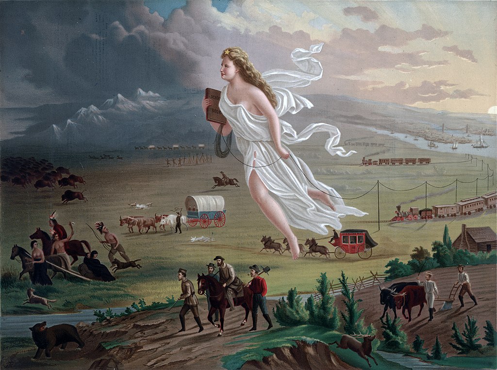 John Gast's American Progress. A woman in flowing gowns hovers over the plains, guiding Native peoples, pioneers, farmers, and trains as she strings telegraph wire.