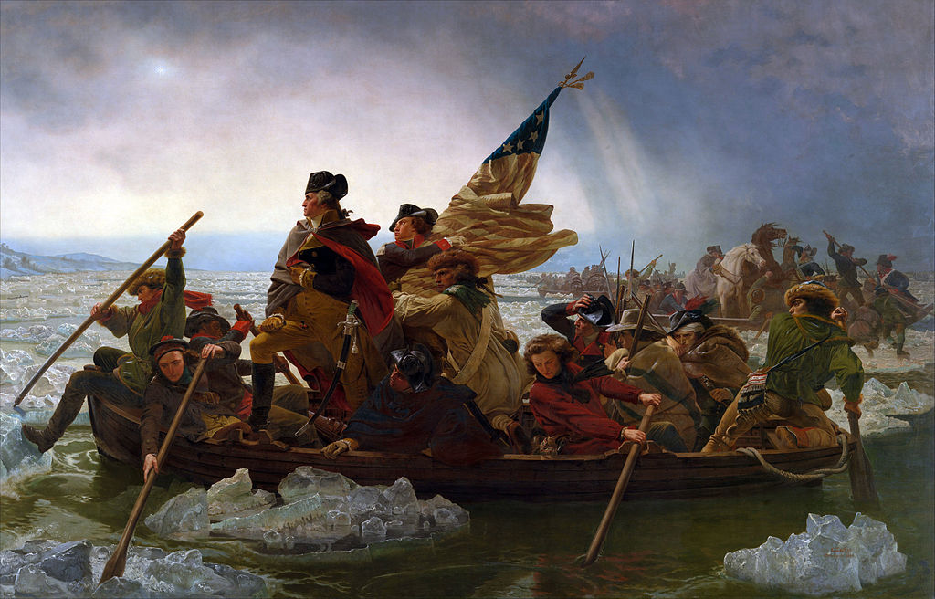 This painting depicts General George Washington in a crowded rowboat crossing an icy river. He is standing, and an American flag flies behind him. 