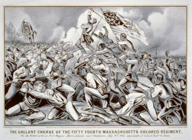 Black and white lithograph of black Union soldiers and white Confederate soldiers fighting in close quarters. One white Union officer is above the rest and is gripping his chest. A black Union soldier carries a U.S. flag immediately behind him.