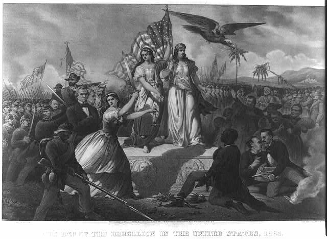 Columbia, crowned with stars, and Liberty, wearing a Phrygian cap and holding an American flag, stand on a pedestal in the center. On the pedestal are carved the likenesses of George Washington and Abraham Lincoln. In front of the pedestal Justice, armed with sword and scales, leads a charge of Union troops toward the right. Immediately behind Justice stands President Andrew Johnson, and behind him Union generals Butler, Grant, and Sherman are visible. A black soldier stands in the foreground and a freed slave kneels before Liberty's pedestal. An eagle bearing thunderbolts flies overhead, also toward the right, where the vanquished Confederates are gathered. Jefferson Davis (holding a sack of money), Robert E. Lee (offering his sword in surrender), and John Wilkes Booth (with a pistol and knife) are prominent among them. In the distance are a leaning palmetto tree with a dead serpent hanging limp from it and (beyond) Fort Sumter flying an American flag.