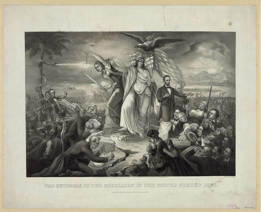 In the center stands Liberty, wearing a Phrygian cap and a laurel wreath. She is flanked by the figures of Justice (unblindfolded, holding a sword and scales) and Abraham Lincoln. Principal figures (from left to right) are: Confederate president Jefferson Davis (beneath a palm tree about whose trunk winds a poisonous snake), James Buchanan (asleep), his secretary of war John B. Floyd, who was accused of misappropriation of government funds (raking coins into a bag), Justice, Columbia, Lincoln, Gen. Winfield Scott (in military uniform), and various figures exemplifying the generosity and suffering of the Northern citizenry. The left foreground is filled with Confederate soldiers, some of them engaged in tearing the Union flag from the hands of other soldiers. In the background are scenes of war. In contrast, on the right, the sun rises over mountains in the distance beyond a prosperous countryside.