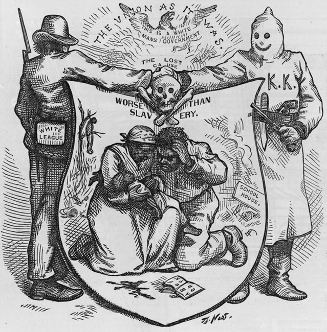 Man labeled "White League" shaking hands with Ku Klux Klan member over shield illustrated with African American couple with possibly dead baby. In background, man hanging from tree.