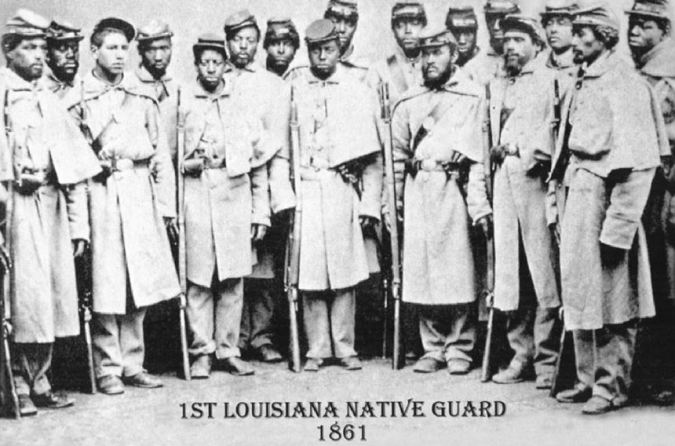 An photo of black Union soldiers intentionally altered to make them appear to be wearing gray coats.